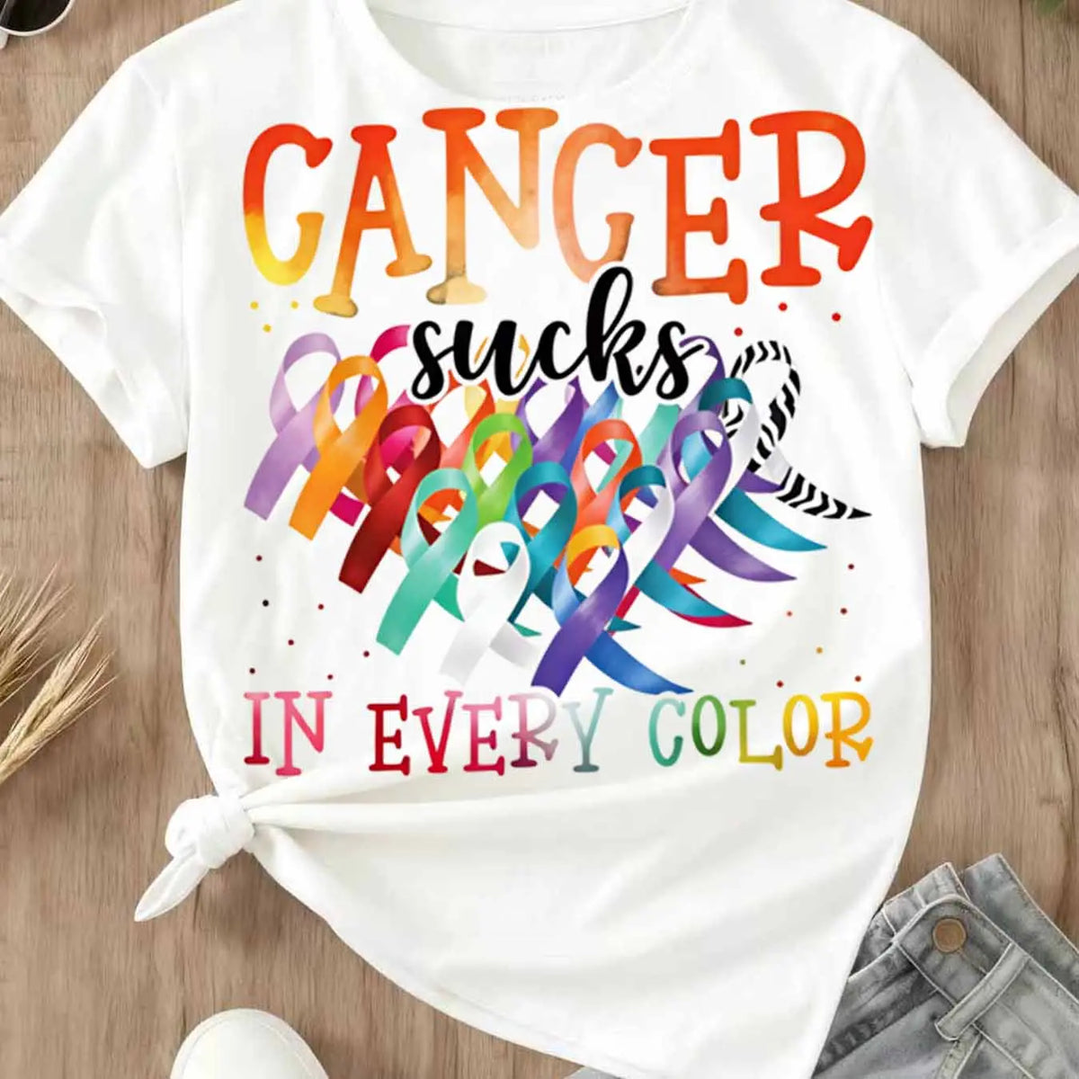 Cancer Sucks In Every Color Ribbon Awareness Print T Shirt Women Casual Short Sleeve Top - View 3
