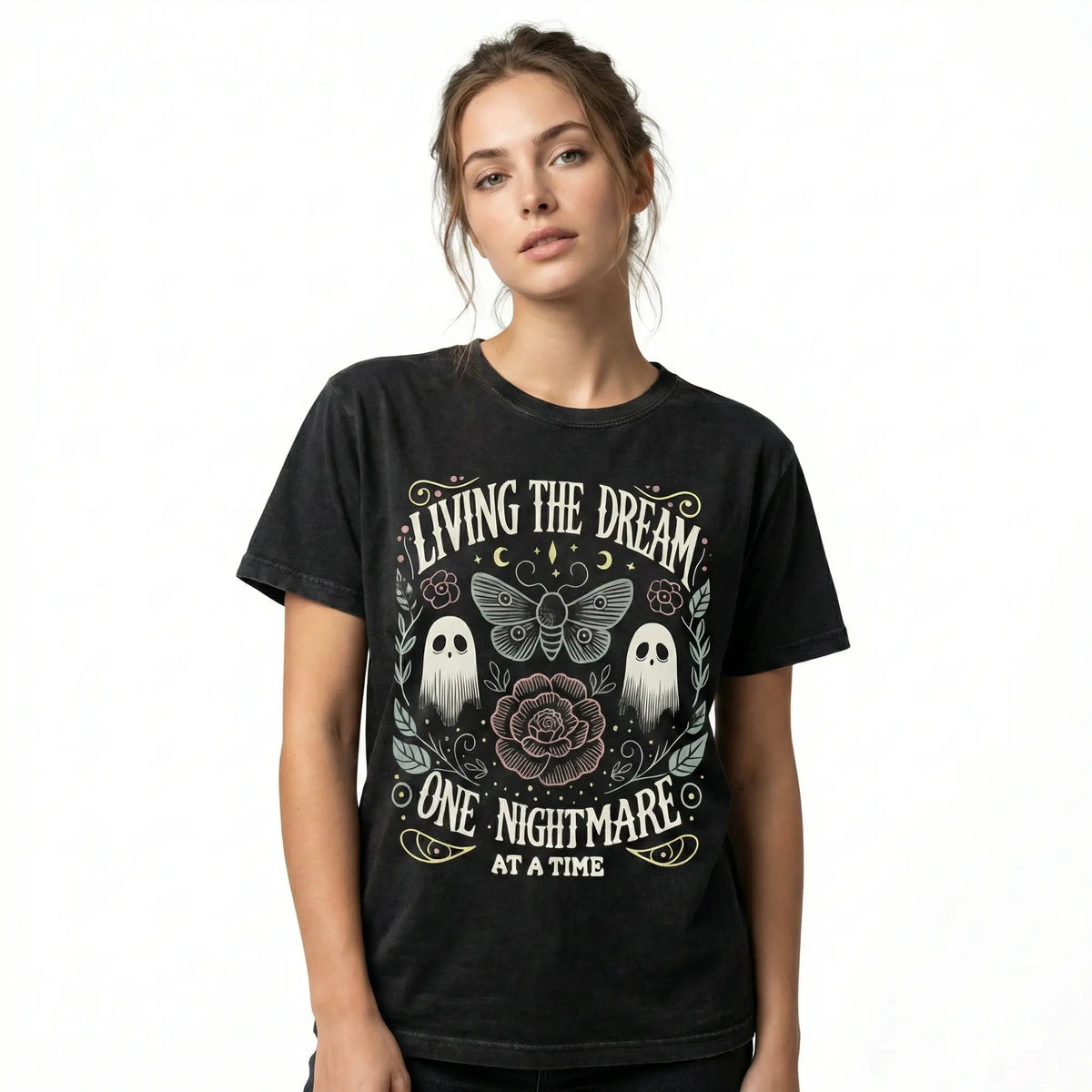 Women's Soft Fabric Vintage-Inspired Streetwear Short-Sleeve T-Shirt - "Living The Dream 1 Nightmare At A Time" Graphic, Loose Casual Chic Everyday Tee, Spring Glow Up, Outdoor Fun, Shortsleeve,summerwins,summeroutfits,vacationoutfits,beachoutfits summerv - View 3