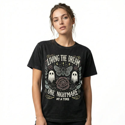 Women's Soft Fabric Vintage-Inspired Streetwear Short-Sleeve T-Shirt - "Living The Dream 1 Nightmare At A Time" Graphic, Loose Casual Chic Everyday Tee, Spring Glow Up, Outdoor Fun, Shortsleeve,summerwins,summeroutfits,vacationoutfits,beachoutfits summerv - View 3