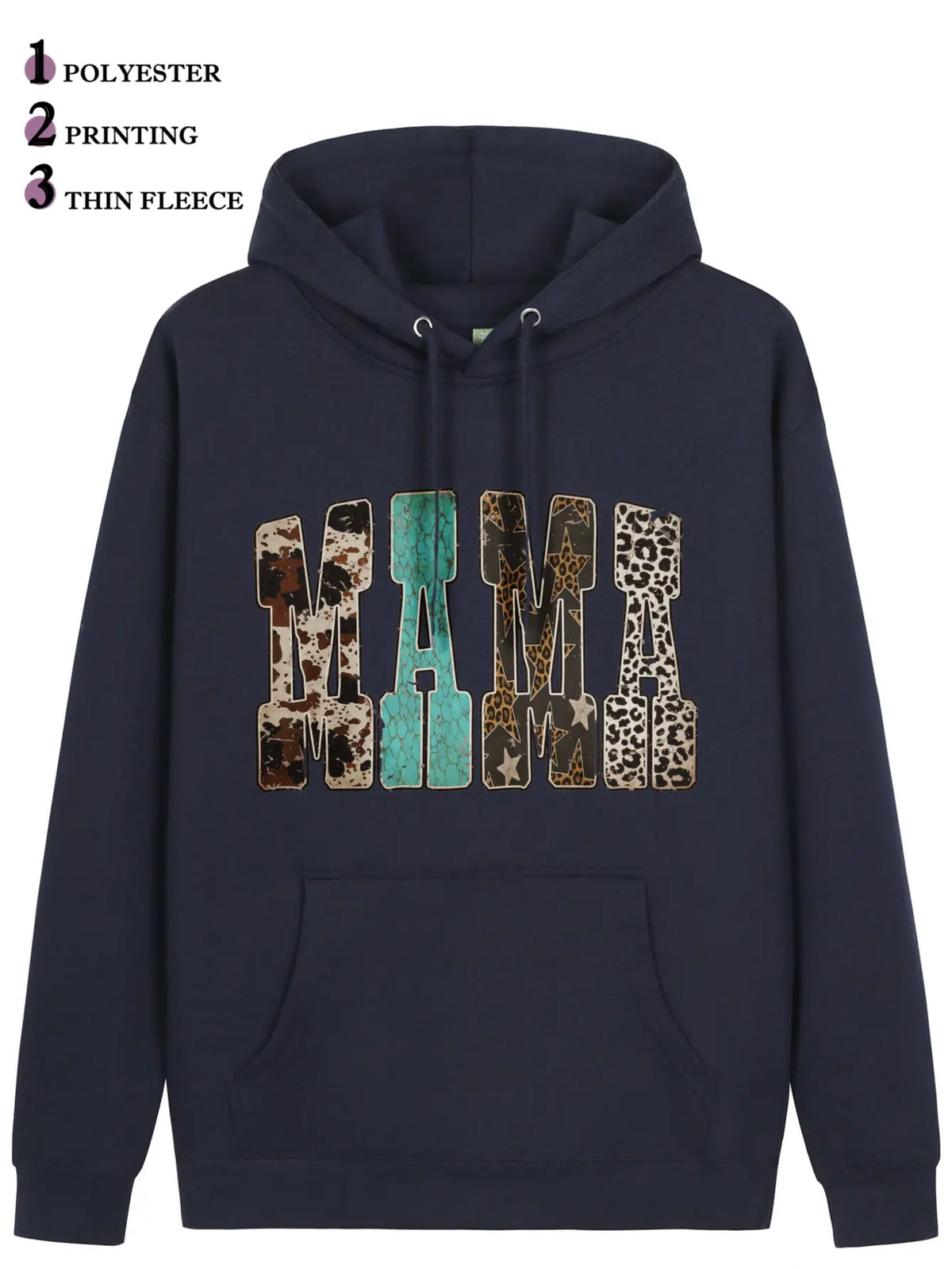 Women's Western Mama Graphic Pullover Hoodie - Cotton Blend, All-Seasons, Casual Vintage, Medium Cut, Country Leopard/Cow Print, Turquoise Letter, Pocketed, Cozy Loose Tops, Winter Outfits, Mother's Day Gift, Women's Clothing, Leopard Stuff - View 6