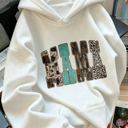 Women's Western Mama Graphic Pullover Hoodie - Cotton Blend, All-Seasons, Casual Vintage, Medium Cut, Country Leopard/Cow Print, Turquoise Letter, Pocketed, Cozy Loose Tops, Winter Outfits, Mother's Day Gift, Women's Clothing, Leopard Stuff