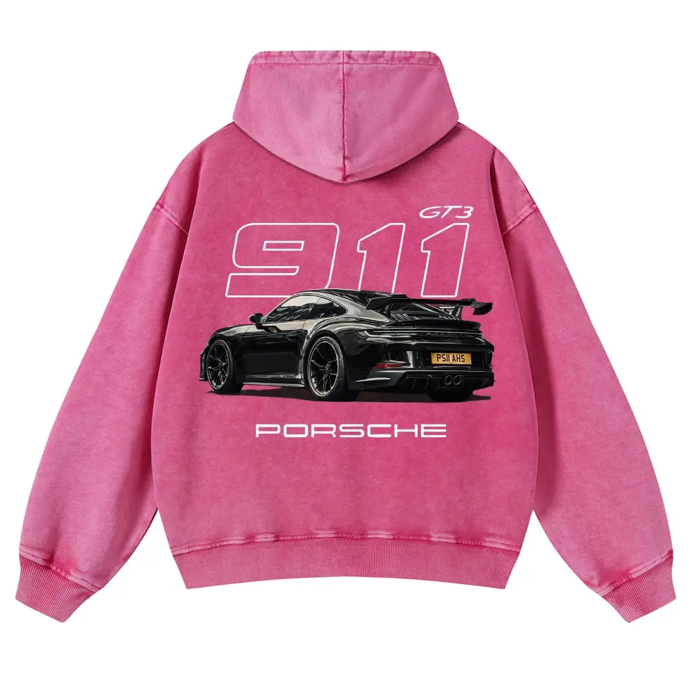 Men's 380g Thick Cotton Hoodie - 911 GT3 Graphic, Vintage Washed, Retro Fade Craft, Long-Sleeves, Unisex Pullover Tops, Soft Fabric, Street Wear Menswear Sweatshirts, Casual Warm - View 7