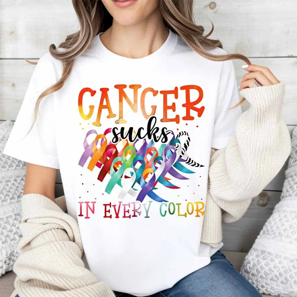 Cancer Sucks In Every Color Ribbon Awareness Print T Shirt Women Casual Short Sleeve Top - View 2