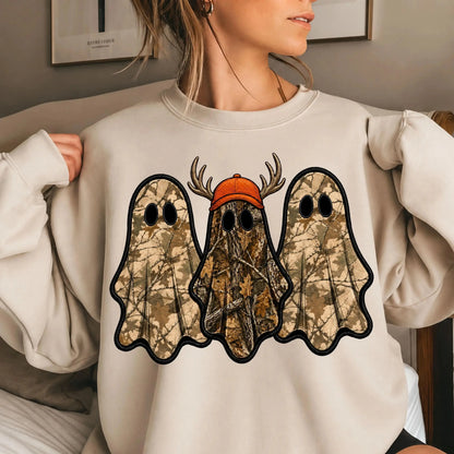 Retro Ghost Hunting Halloween Sweatshirt, Spooky Camo Graphic Pullover Vintage Ghost Hunter Crewneck Fall Fleece Top Cute Halloween Gift for Women - View 4