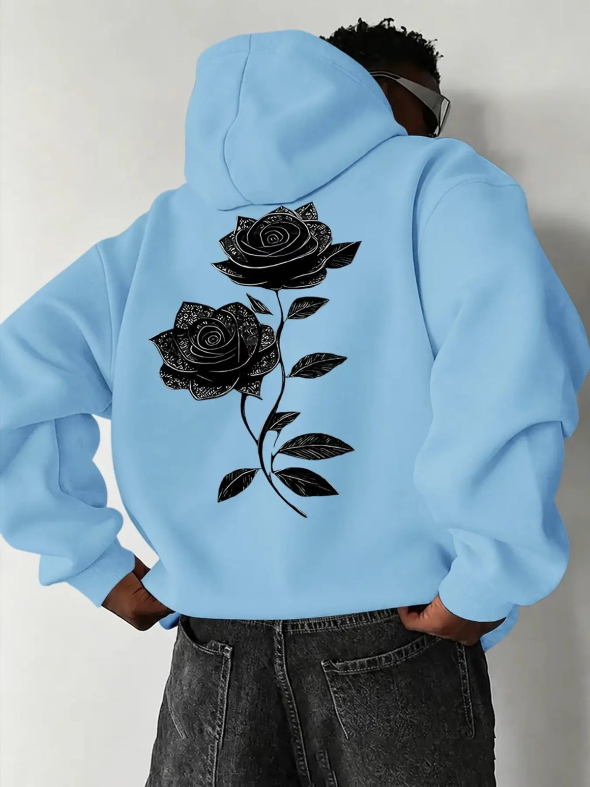 Oversized Drawstring Hoodie with Pocket, Dual Vintage Black Rose Line-Art Prints on the Chest and Back, Soft Long-Sleeve Gothic Streetwear Sweatshirt #RosePrintHoodie #GothicStreetwear #DarkAestheticTop #DualPrintHoodie - View 15