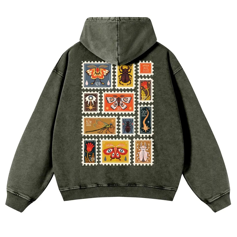 Unisex 380g Washed Brown Vintage Insect Stamp Print Cotton Pullover Hoodie - Soft, Oversize, Casual Longsleeves Tops, Vintage Clothing, 3XL Menswear Autumn Apparel, Cold Wash Compatible - View 5