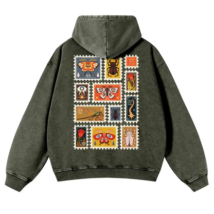 Unisex 380g Washed Brown Vintage Insect Stamp Print Cotton Pullover Hoodie - Soft, Oversize, Casual Longsleeves Tops, Vintage Clothing, 3XL Menswear Autumn Apparel, Cold Wash Compatible - View 5