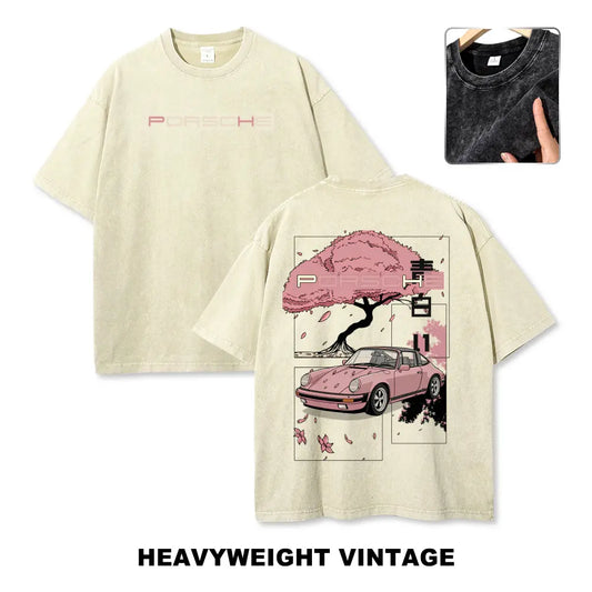 Cherry Blossom Japanese Aesthetic Classic Sports Car Vintage Washed Tee 90s Men's Graphic Tee t Shirts Funny Graphic Tee Good Graphic Tees Graphic Tees Streetwear Outfits Men Vacation Outfits Oversized Tshirt Men - View 1
