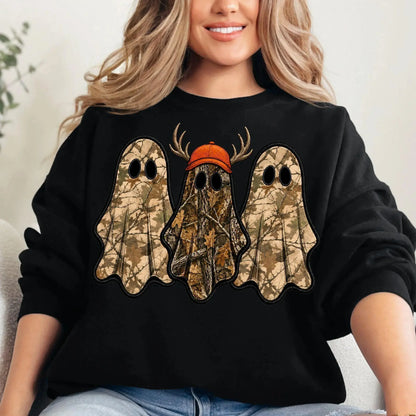 Retro Ghost Hunting Halloween Sweatshirt, Spooky Camo Graphic Pullover Vintage Ghost Hunter Crewneck Fall Fleece Top Cute Halloween Gift for Women - View 5