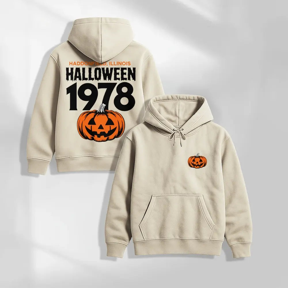 Unisex Vintage Halloween Pumpkin Graphic Hoodie, 1978 Spooky Front and Back Print Pullover Sweatshirt, Casual Oversized Long Sleeve Streetwear Hoodie for Halloween Party, Fall and Daily Wear - View 14