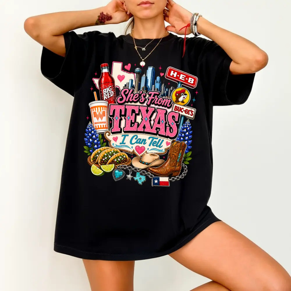 Vintage She's From Texas Retro Graphic Shirt - Cotton Round-Neck Full-Color Printed Sweatshirt, Loose Casual Game Day Basketball Fan Tee, Unisex Sizes S-3XL, Soft Durable Advanced Print - View 1
