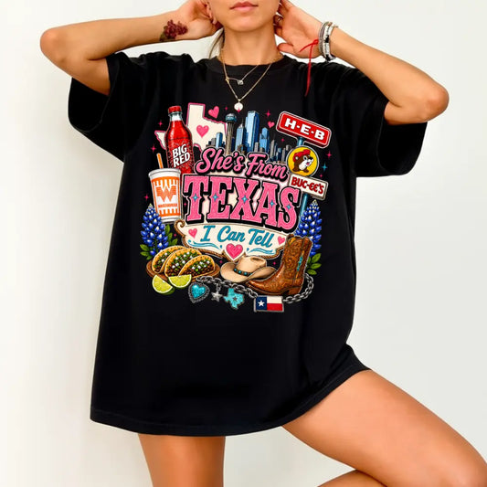 Vintage She's From Texas Retro Graphic Shirt - Cotton Round-Neck Full-Color Printed Sweatshirt, Loose Casual Game Day Basketball Fan Tee, Unisex Sizes S-3XL, Soft Durable Advanced Print - View 1