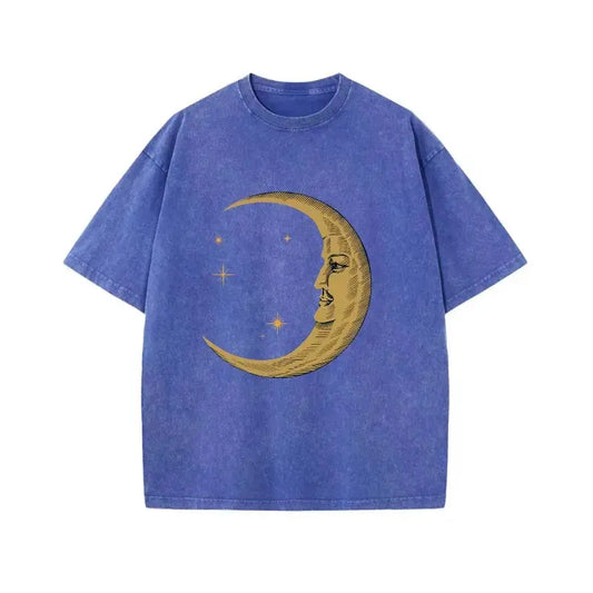 Unisex 230g Vintage Washed Moon & Star Graphic T-Shirt, Oversized Short Sleeve Crew Neck Casual Tee - View 1