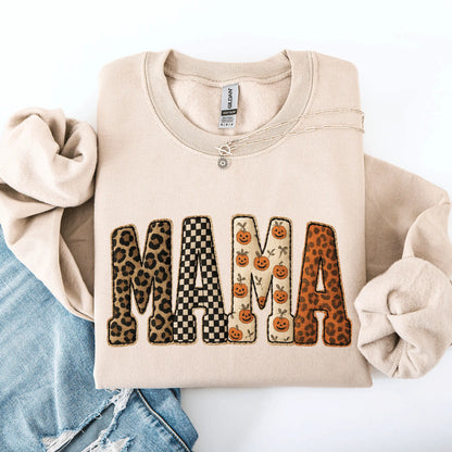 Mama, Printed Halloween Pattern, Leopard Print, Checkered, Pumpkin Sweatshirt, Spooky, Witch, Pumpkin, Halloween, Crew Neck, Women's, Crewneck - View 1