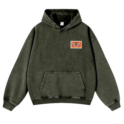 Unisex 380g Washed Brown Vintage Insect Stamp Print Cotton Pullover Hoodie - Soft, Oversize, Casual Longsleeves Tops, Vintage Clothing, 3XL Menswear Autumn Apparel, Cold Wash Compatible - View 11